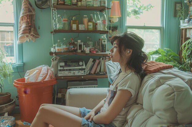 Photo a girl is sitting on a couch with a book shelf behind her