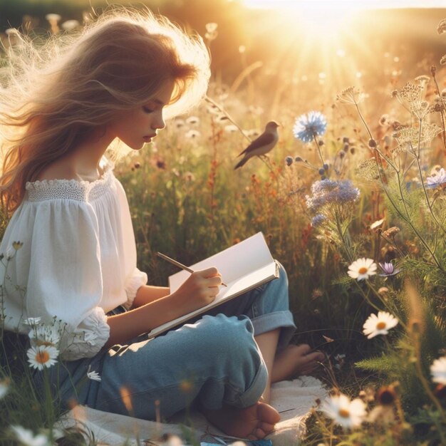 Photo a girl is sitting in a field with a book that says quot the bird quot