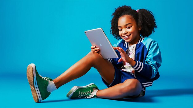 a girl is sitting on the floor and using a tablet computer