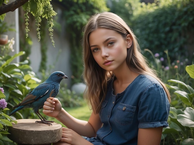 A girl is sitting in the garden with a bird in her hand