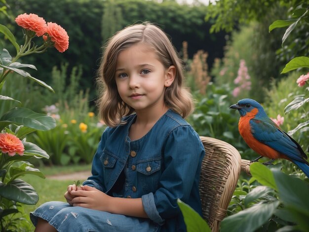 A girl is sitting in the garden with a bird in her hand