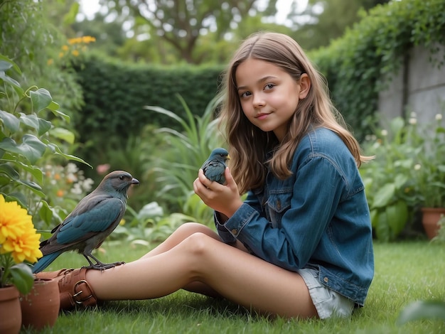 女の子が庭に座って手に鳥を持っています