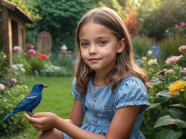 A girl is sitting in the garden with a bird in her hand