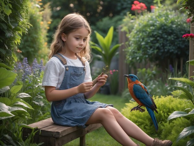 A girl is sitting in the garden with a bird in her hand