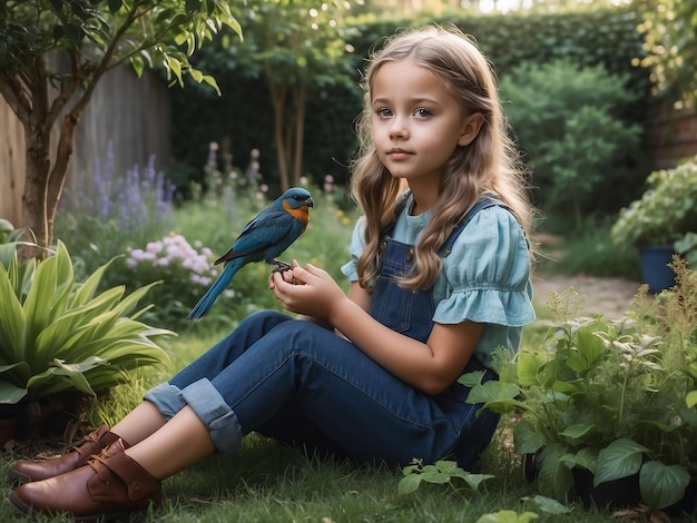 Девушка сидит в саду с птицей в руке.