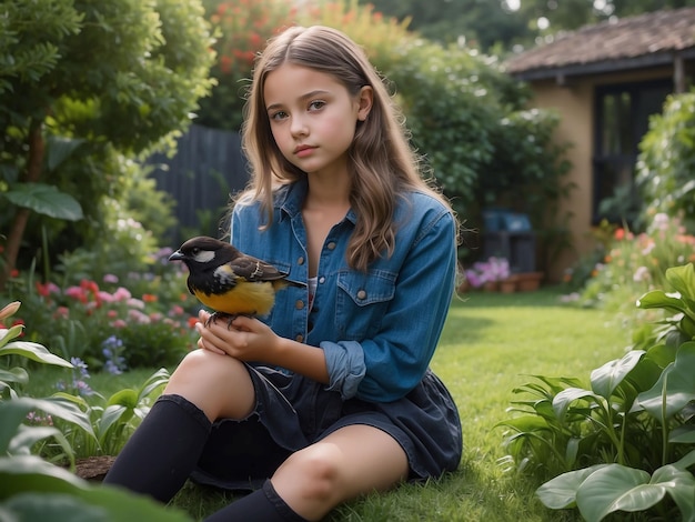 A girl is sitting in the garden with a bird in her hand