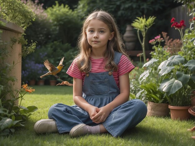 A girl is sitting in the garden with a bird in her hand