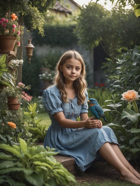 Photo a girl is sitting in the garden with a bird in her hand