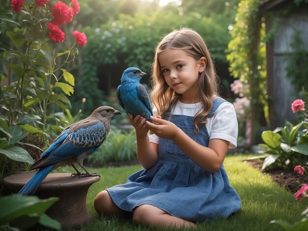 Photo a girl is sitting in the garden with a bird in her hand