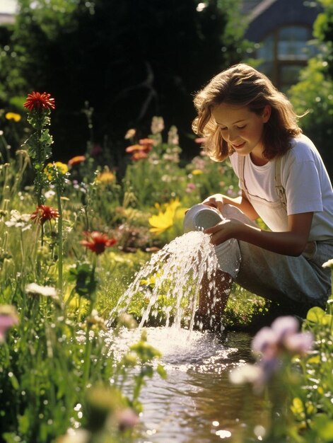 Photo a girl is sitting in a garden with flowers and a water fountain