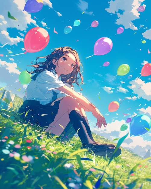 a girl is sitting in the grass with balloons in the sky