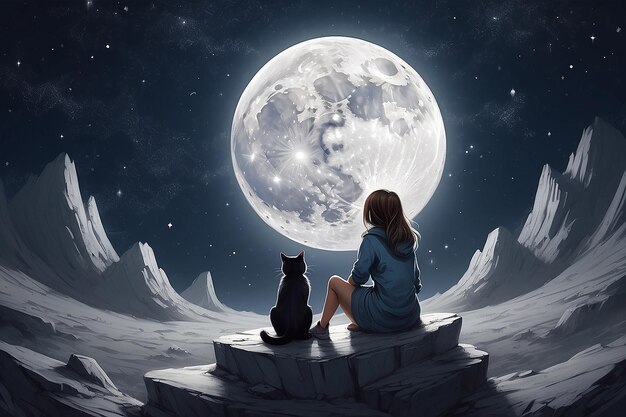 A girl is sitting in the middle of the moon looking at stars and playing with her cat
