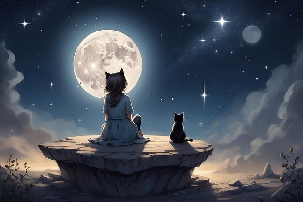 A girl is sitting in the middle of the moon looking at stars and playing with her cat