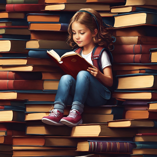 a girl is sitting in a pile of books with a book titled  the little girl