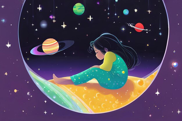 Photo girl is sitting on a planet in space