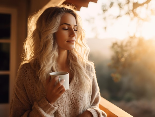 A girl is sitting at the porch with a cup of coffee