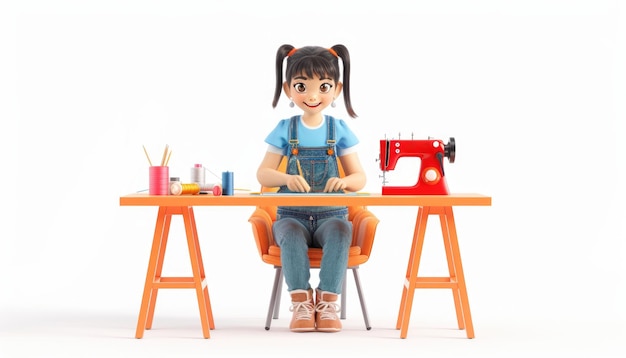 A girl is sitting at a sewing machine by ai generated image