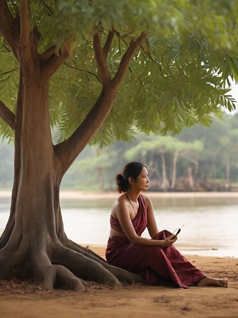 Foto una ragazza è seduta sotto un albero