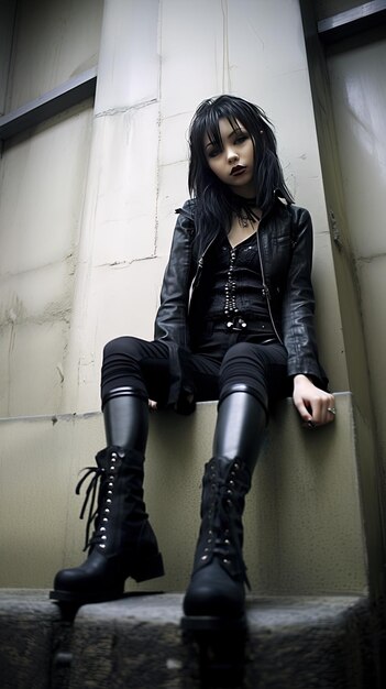 a girl is sitting on a wall with a poster of a woman in black