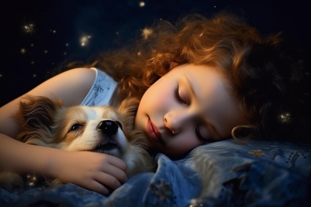 Photo a girl is sleeping with her dog and the stars in the background