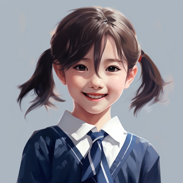 A girl is smiling in a blue school dress