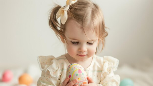 The girl is smiling and holding Easter eggs in the room