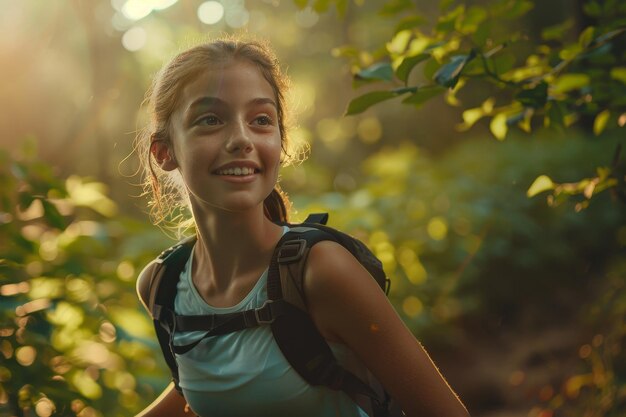 A girl is smiling and wearing a backpack while walking through a forest