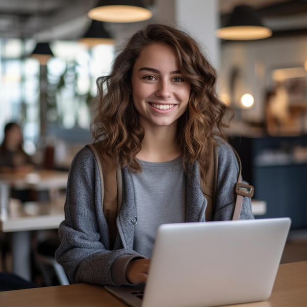 A girl is smiling while using a laptop.