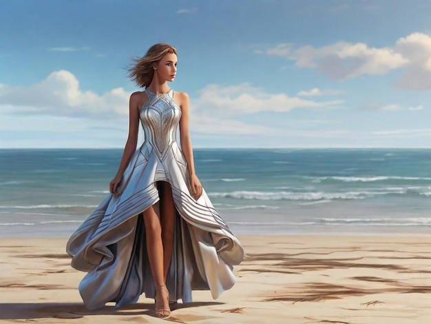 Девушка стоит на берегу пляжа в футуристическом платье.