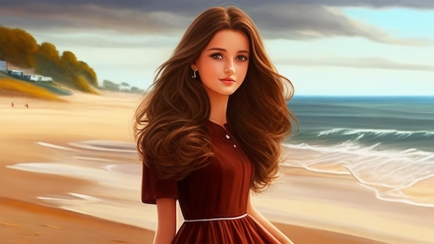 A girl is standing on the beach bank with modern dress