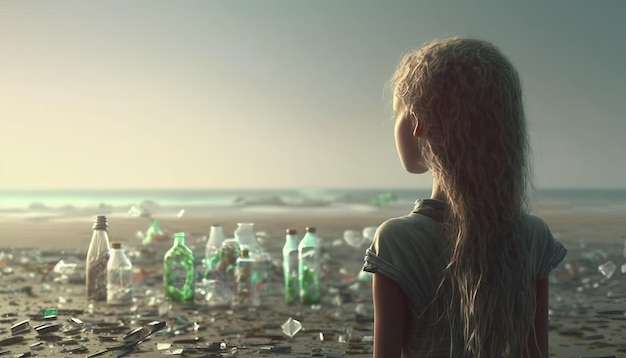 A girl is standing on the beach looking at the garbage Generative AI