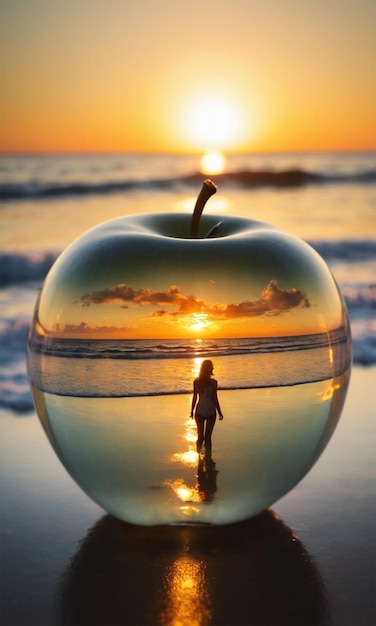 Девушка стоит на пляже с яблоком перед закатом солнца.
