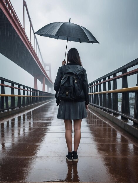 Photo a girl is standing on a big bridge with an umbrella while it is raining