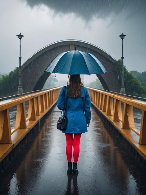 A girl is standing on a big bridge with an umbrella while it is raining