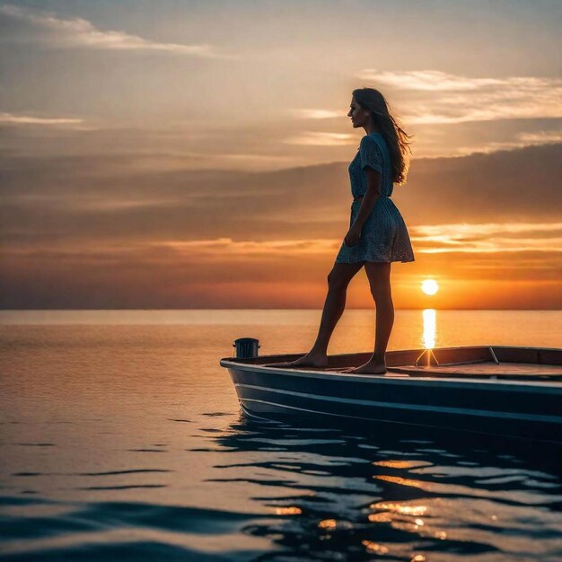 a girl is standing on the boat enjoying sun set scene generative ai