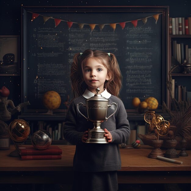 a girl is standing in front of a chalkboard with a sign that says  the word  on it