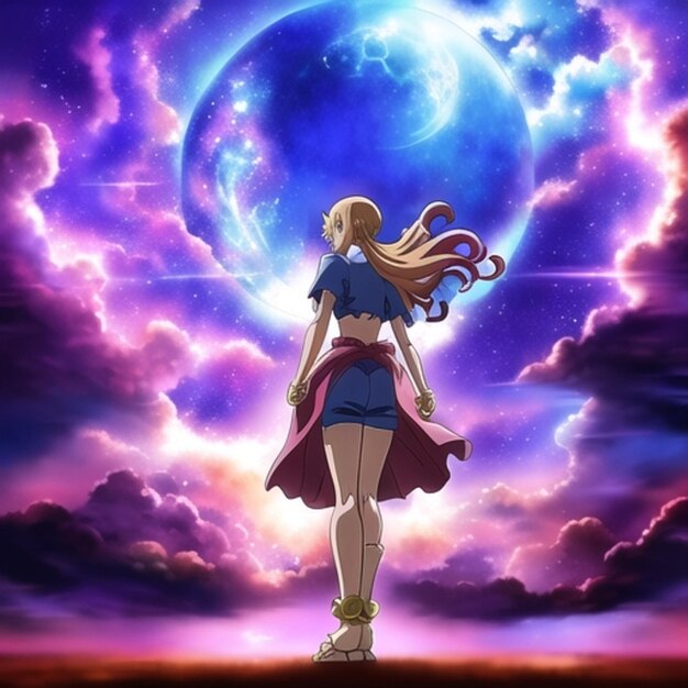 A girl is standing in front of a full moon