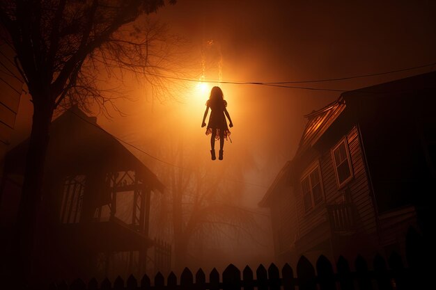 Photo a girl is standing in front of a house with a light in the background