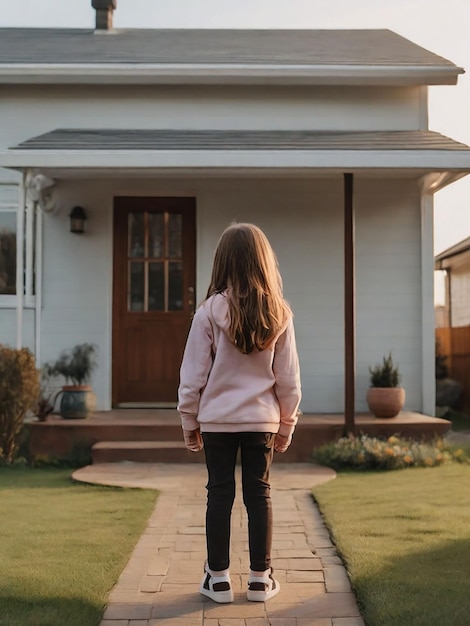 Foto una ragazza è in piedi di fronte alla casa