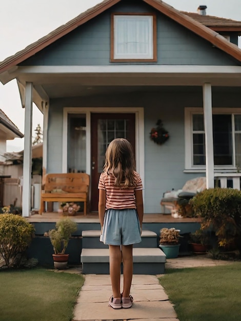 A girl is standing in front of the house