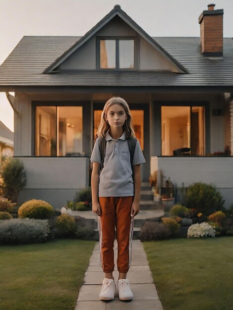 A girl is standing in front of the house