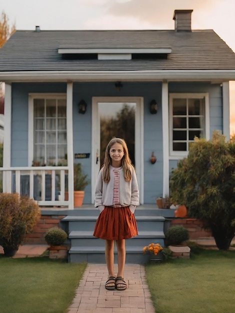A girl is standing in front of the house