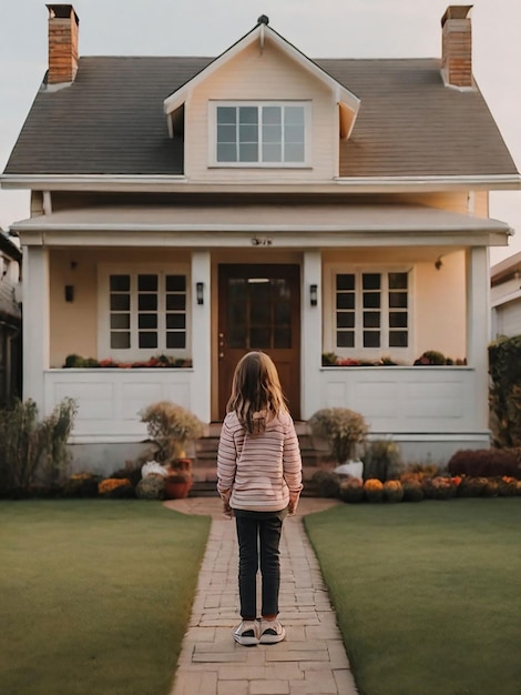 A girl is standing in front of the house