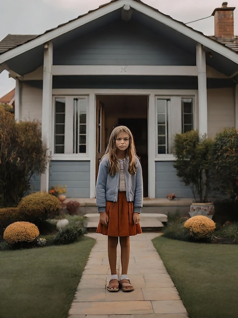 A girl is standing in front of the house