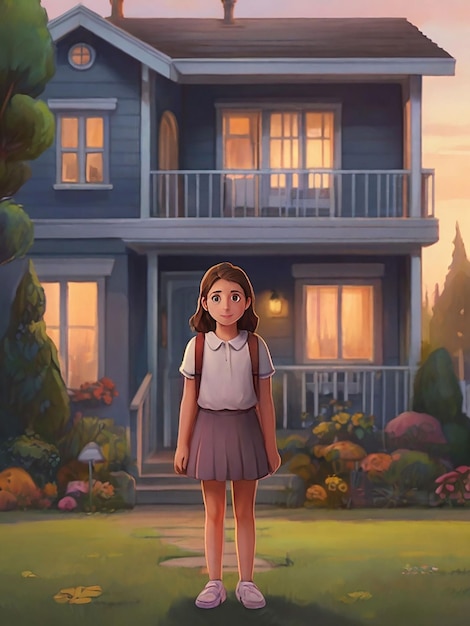 A girl is standing in front of the house