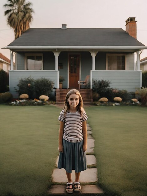 A girl is standing in front of the house