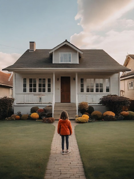 A girl is standing in front of the house