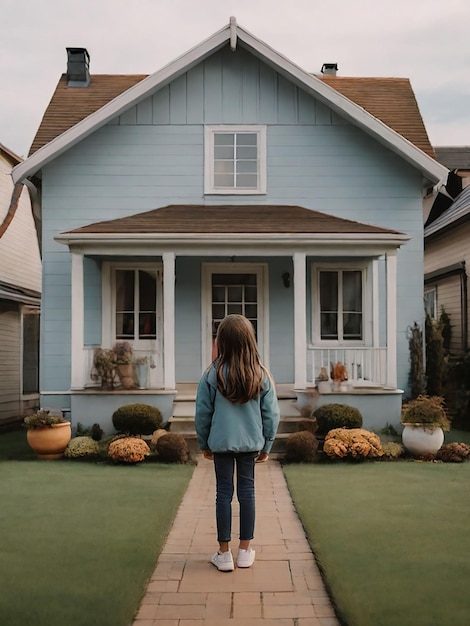 한 소녀가 집 앞에 서 있다.