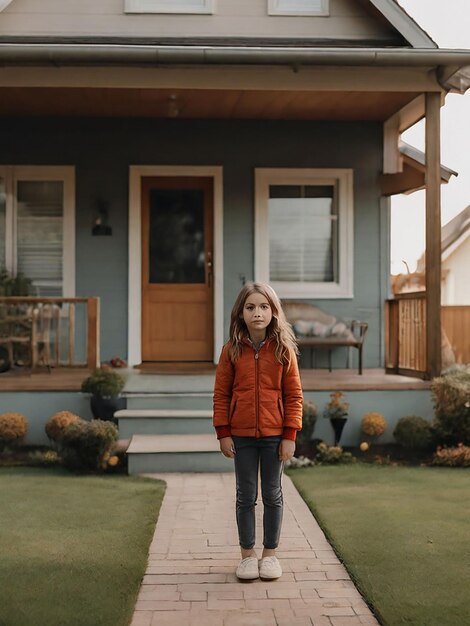 Foto una ragazza è in piedi di fronte alla casa