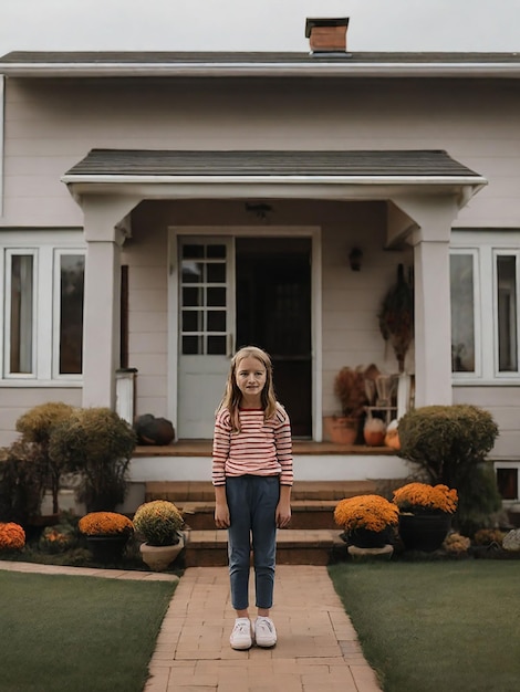 A girl is standing in front of the house